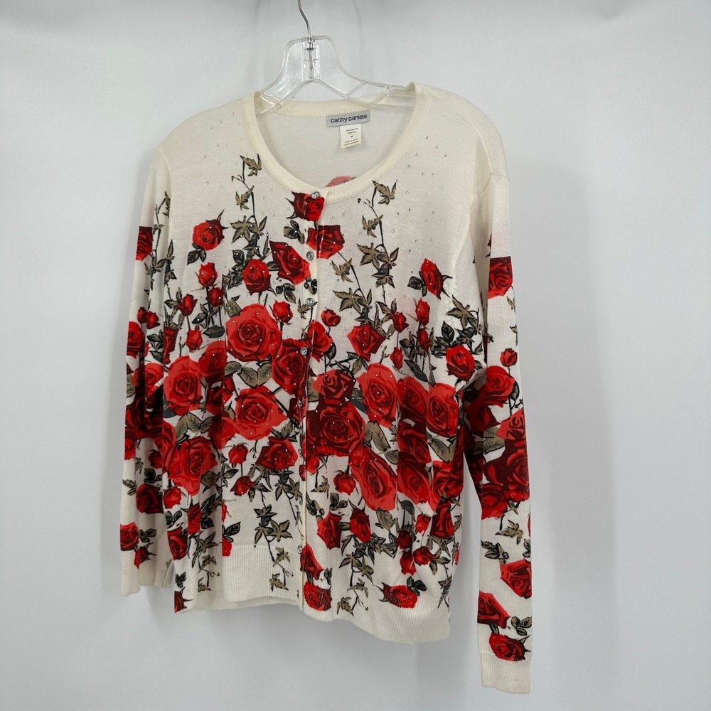 Womens Romantic Rose Print Sweater Size‎ M Cottagecore Garden Party Soft Girl